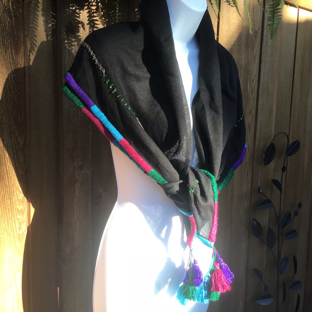 Funky🍄Boho Fraas Scarf | Wrap Beads & Tassel EUC